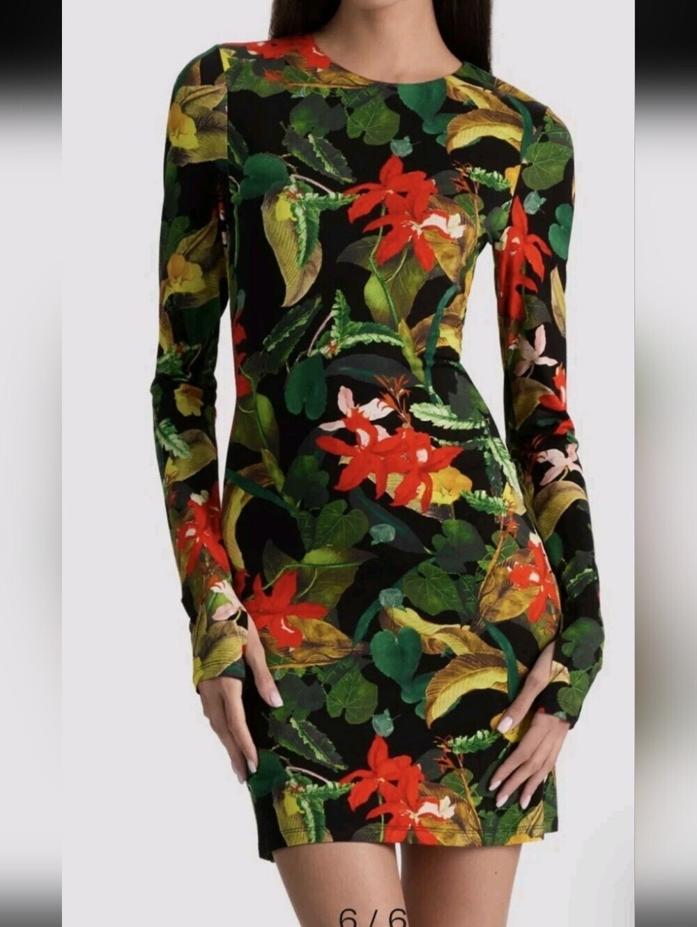 Alice + Olivia Delora Black Tropical Floral Long Sleeve Mini Dress NWOT Size 6